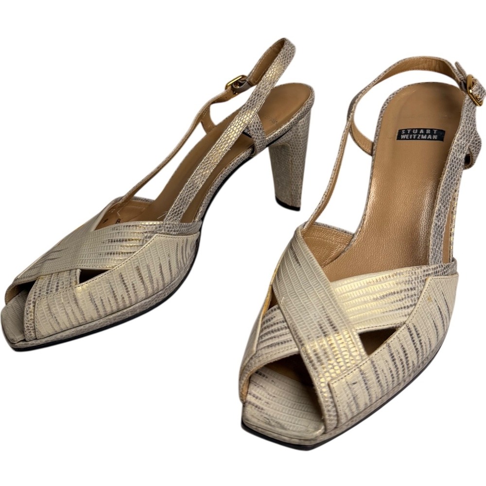 Stuart Weitzman Snakeskin Platform Slingback Heels Y2K‎ Women Sz 9 Evening Wear